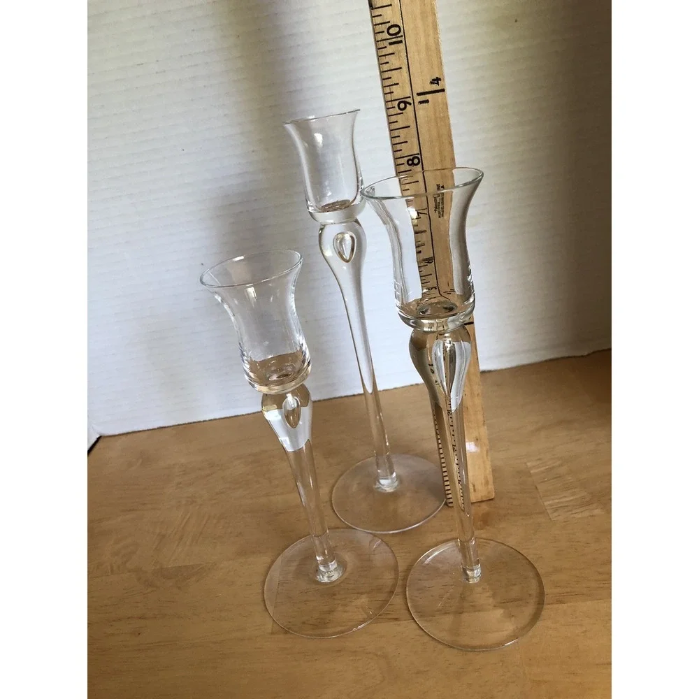 Set Of 3 Long Stem Clear Glass Graduated Hight Tapered Candle Holders